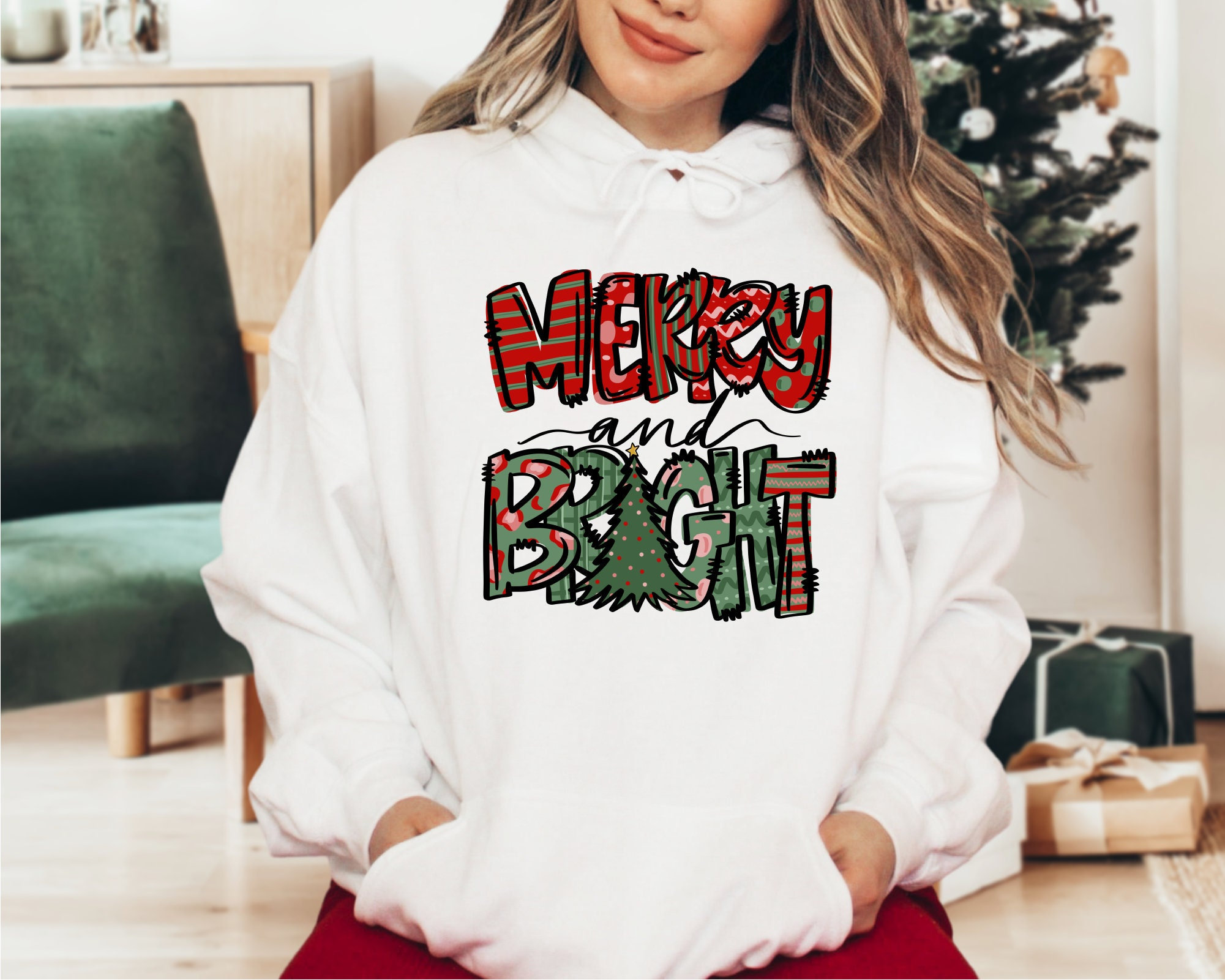 Merry and Bright Hoodie, Christmas Hoodie, New Year Hoodie, Christmas Part, Party Sweatshirt for Women, Christmas Graphic Hoodie