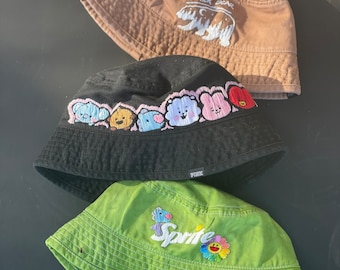 BTS hand embroidered bucket hats, Winter bear, BT21, and J-hope designs!