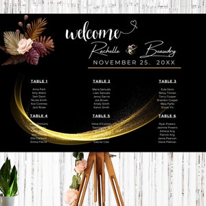 Wedding Welcome Seating Chart Black Gold Boho Editable image 1