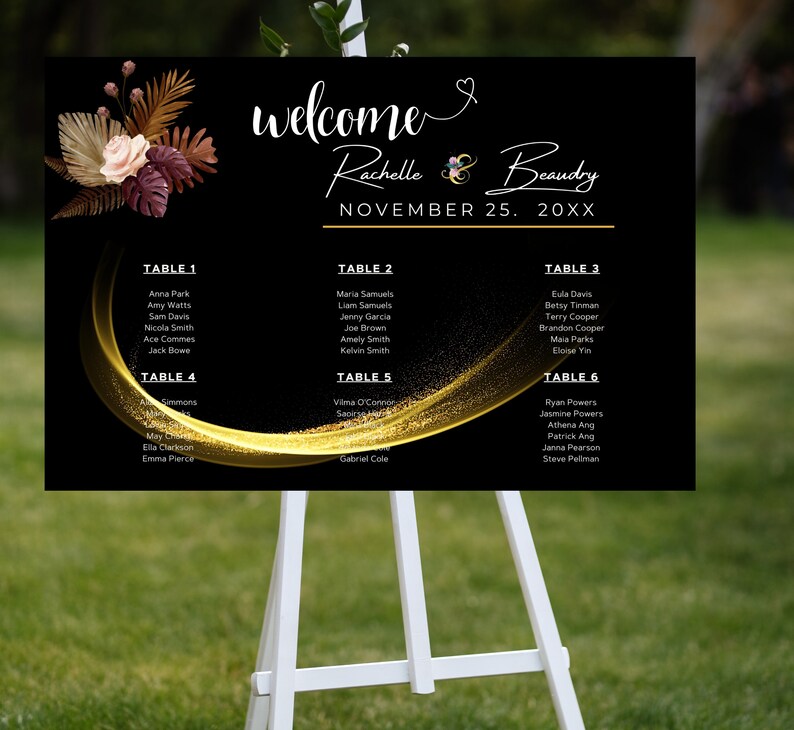 Wedding Welcome Seating Chart Black Gold Boho Editable image 2