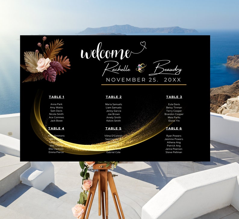 Wedding Welcome Seating Chart Black Gold Boho Editable image 3