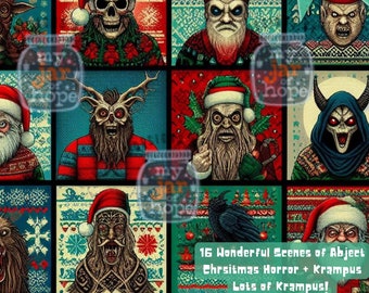 Krampus 4x4 Grid of Unique Christmas Horror, Bad Santas, Undead Reindeer, Gothic Christmas Fun for All, Krampus PNG Digital Download