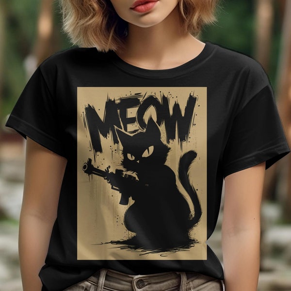 Black Cat Meow with Machine Gun Cool Graphic T-Shirt, Unique Vintage Style Tee, Artistic Cat Top for Men and Women, Military Gift, Army Gift
