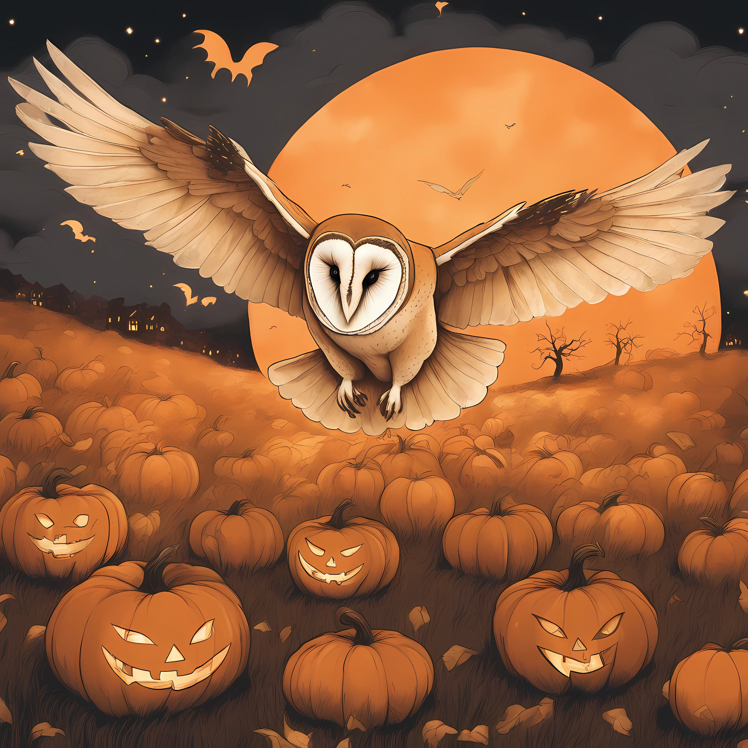 Gothic Barn Owl Flying Over a Field of Pumpkins and Jack-o-lanterns - Halloween Owl Wall Art - Macab