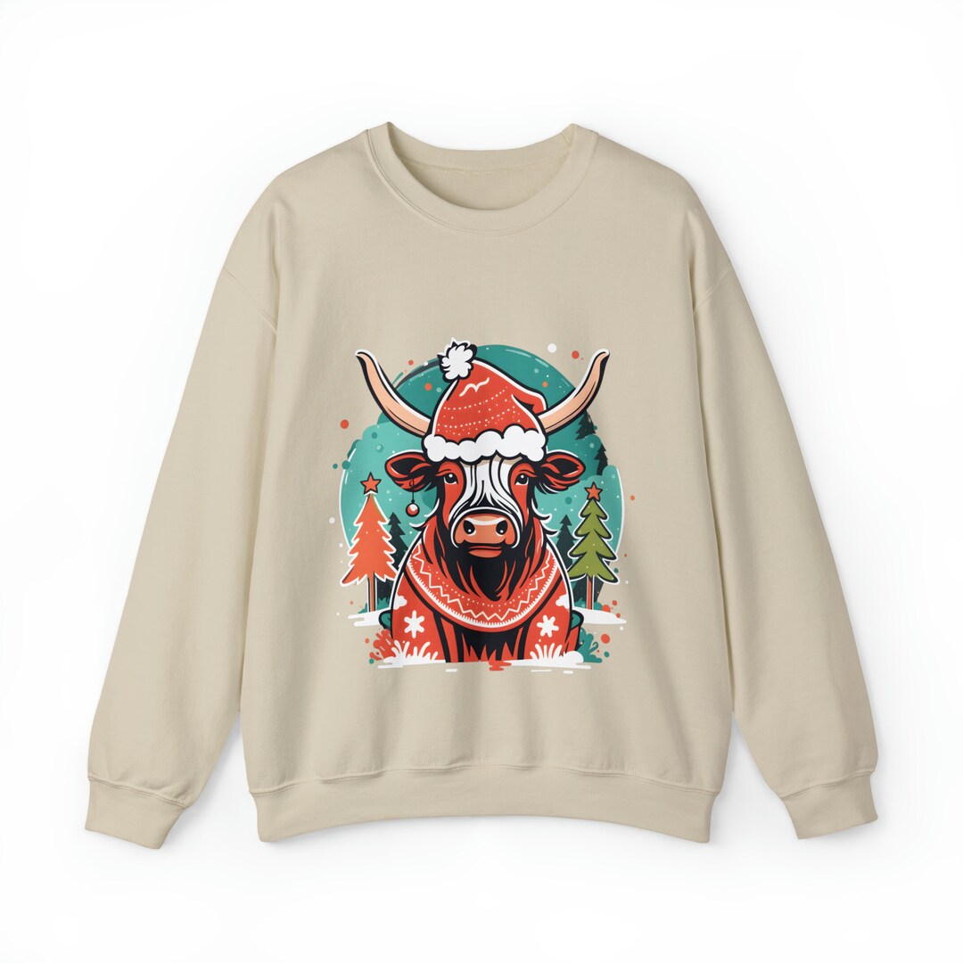 Boho Highland Cow Christmas Sweater Hairy Cow Print Holiday Etsy