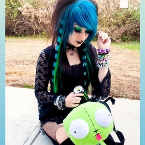 Atomic turquoise and black scene queen emo kid human hair extensions clip in rave gothic egirl