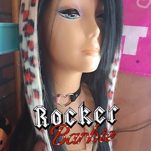 Rocker barbie red and black leopard cheetah print human hair clip in extensions scene queen emo kid gothic