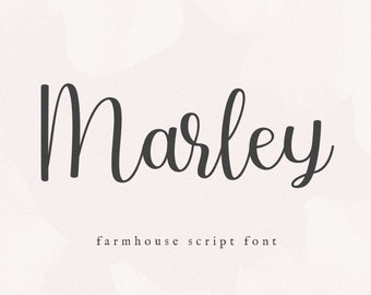 May include: A cursive script font named "Marley" in black text on a white background. The text "farmhouse script font" is below the name.