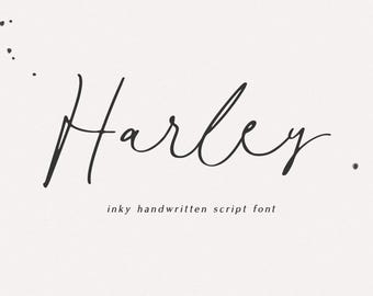 May include: A handwritten font called "Harley" in black ink on a white background. The text "inky handwritten script font" is below the font name.