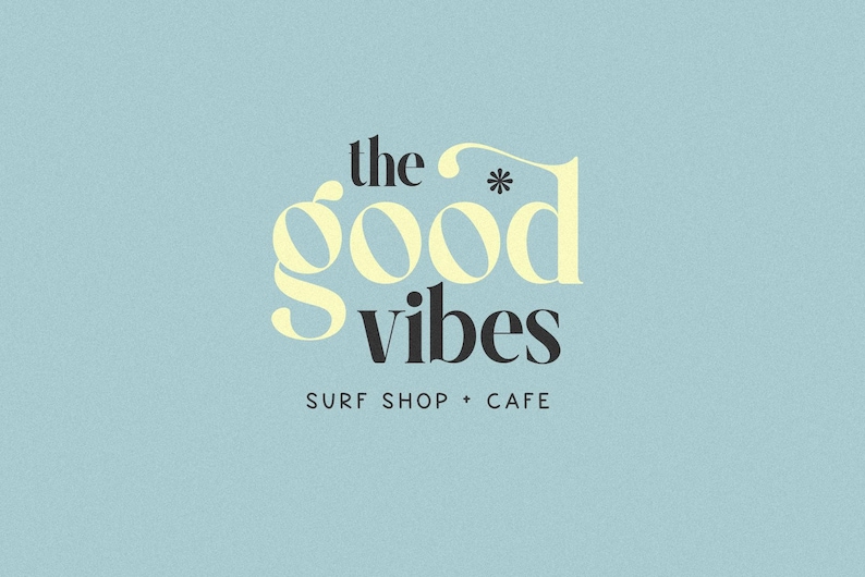 May include: The words "the good vibes" in a stylized font, with "good" in a light yellow color and "vibes" in black. Below, the text "surf shop + cafe" is in a smaller, dark font. The background is a light blue.