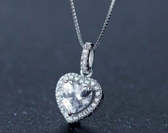 925 Sterling Silver Heart with Crystal Cubic Zirconia Necklace Chain Included 