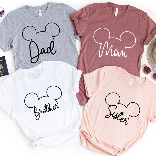 Chemises de famille Disney, chemises Disneyland, oreilles de Mickey, chemises Disneyworld, chemises Disney familiales assorties, chemises Disney personnalisées pour la famille