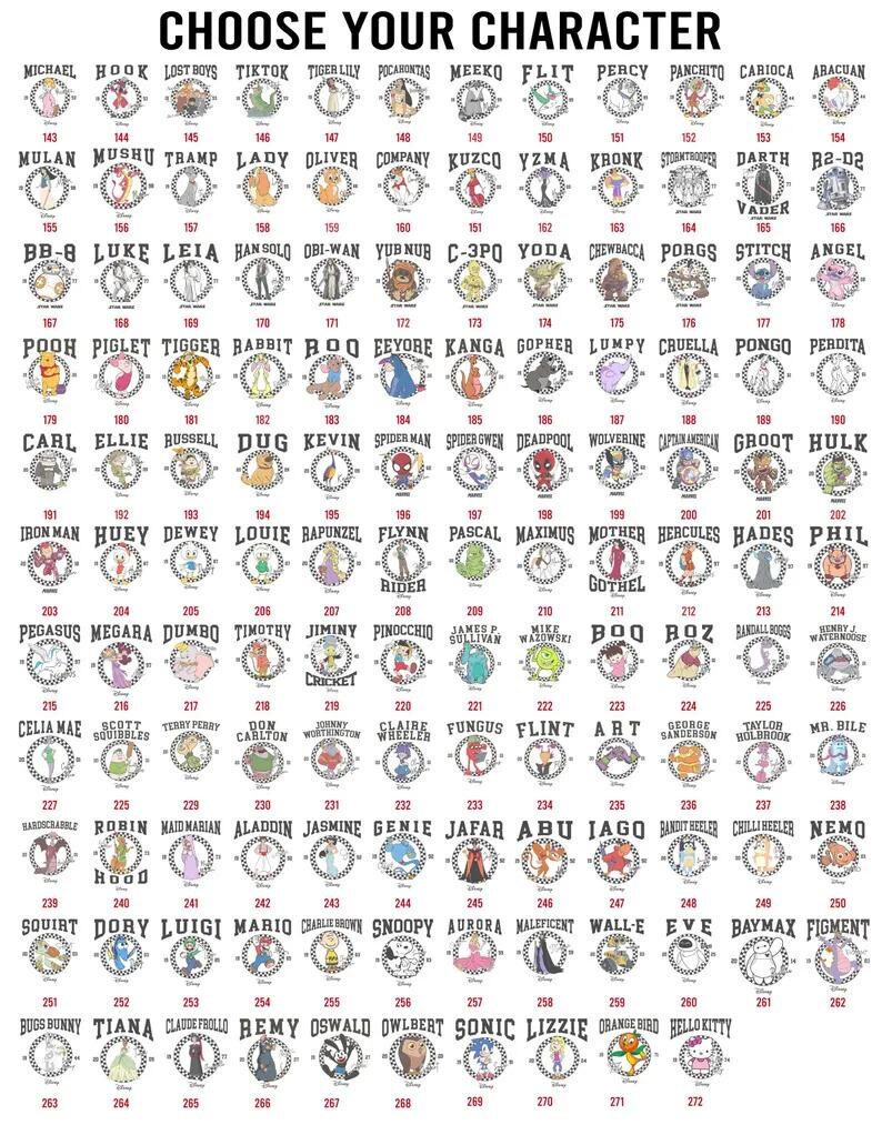 May include: A white chart titled CHOOSE YOUR CHARACTER featuring a grid of numerous small, colorful cartoon character illustrations, each enclosed in a circular black and white checkered border with a unique name and a corresponding three-digit number.