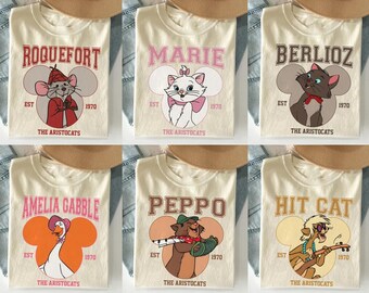 Camiseta retro de Disney "Los Aristogatos", estrenada en 1970, con la imagen de María, duquesa, Berlioz y el gato de Toulouse. Regalo para viajes a Disneyland. Camisetas familiares a juego. Reino Mágico.