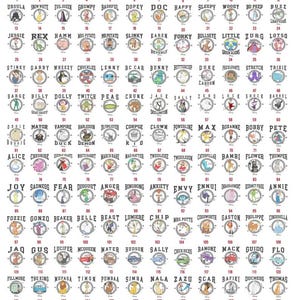 May include: A grid of 144 circular character icons labeled CHOOSE YOUR CHARACTER at the top. Each icon features a Disney character illustration surrounded by a black and white checkered border, with a unique number and the Disney logo below each.