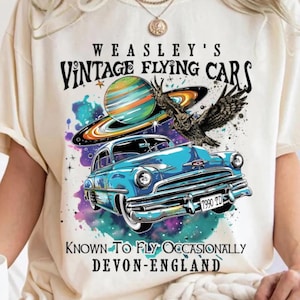 Vintage Style Flying Car T-Shirt: Bookish Wizard Apparel