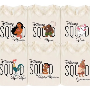 May include: Six off-white t-shirts with the text "Disney Squad" in black script. Each shirt features a different character from the movie Moana, including Moana, Maui, Pua, Hei Hei, Baby Moana, and Gramma.