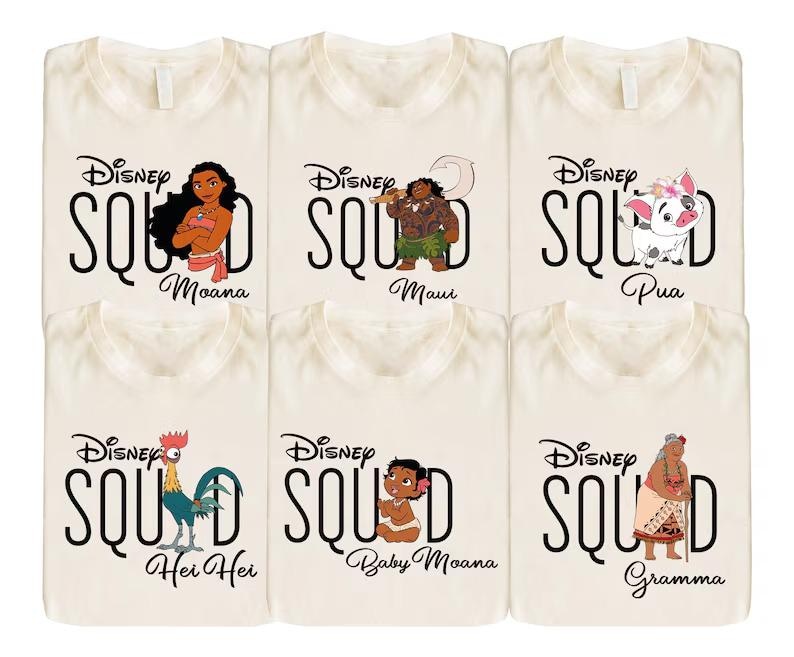 May include: Six off-white t-shirts with the text "Disney Squad" in black script. Each shirt features a different character from the movie Moana, including Moana, Maui, Pua, Hei Hei, Baby Moana, and Gramma.