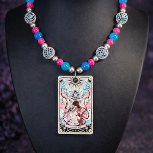 Colorful Tarot Card Necklace, Pink Blue Beaded , Witchy Jewelry, Kawaii Goth , Celestial Pendant