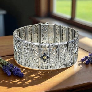 Art Deco Signed Rhodium Plated Filigree Panel Bracelet