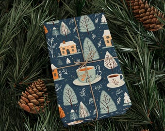 Winter Village Navy Blue Christmas Wrapping Paper (30x36")