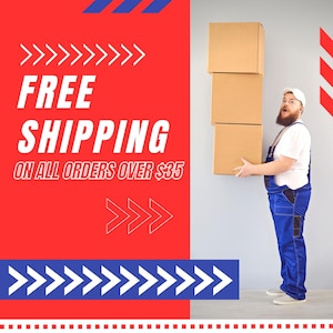 May include: A person in blue overalls and a white shirt carries three stacked cardboard boxes. The background is a red and white graphic with the words "FREE SHIPPING" and "ON ALL ORDERS OVER $35".