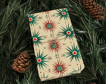Retro Geometric Starburst Design Gift Wrap, Eco-Friendly Birthday Packaging, Colorful Mid Century Modern Decor
