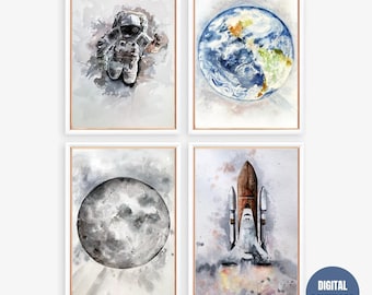 May include: A set of four watercolor prints featuring space-themed imagery. The prints depict an astronaut floating in space, the Earth, the moon, and a space shuttle launching. The prints are in a white frame with a gold trim.