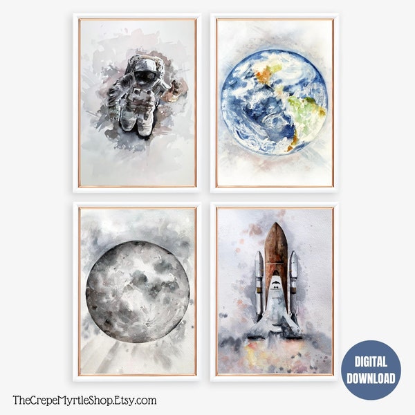 Space Wall Art, Printable Wall Art, Set of 4, Digital Download, Space Nursery Decor, Space Prints, Toddler Bedroom Decor, Kids Room Decor