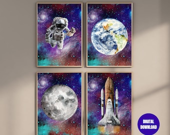 Impressões de berçário espacial: astronauta em aquarela, Terra, Lua, ônibus espacial (download digital)