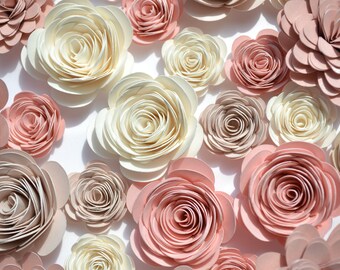 23 mixed white, pink and blush hand rolled paper flowers/ Loose paper flowers