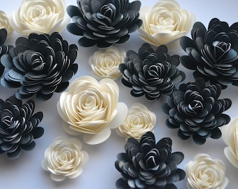 33pc Mixed black and white hand rolled paper flowers/ Paper rose set