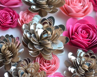 33pc mixed pink and silver rolled paper flowers/ Paper flower set