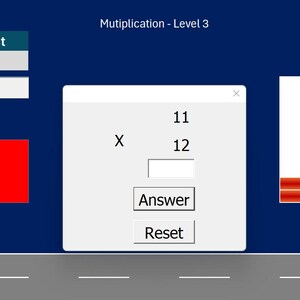 May include: A digital multiplication game interface on a dark blue background. The interface shows "Multiplication - Level 3", and score indicators for correct and incorrect answers. A central window displays a multiplication problem.