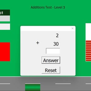 May include: A computer screen displays an addition test interface with a green background. The interface includes a math problem, answer input, and progress indicators. The text "Additions Test - Level 3" is visible.