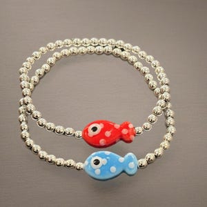 Porcelain Fish Sterling Silver Stretch Bracelet- Beaded Charm Bracelet