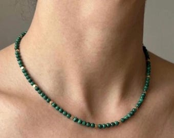 Beaded Malachite Necklace- Green Stone And 14k Gold Handmade Necklace