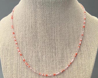 Tiny Seed Bead Necklace – Baby Pink Orange Mix Dainty Summer Vacation Jewelry