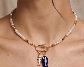 Fish Charm Necklace 14k Gold Filled Beads, Glass Pearls, Carabiner Necklace
