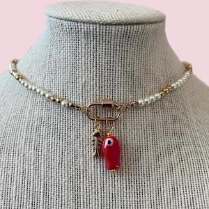 fish charm necklace- fish necklace-choker-14k gold fish choker. carabiner necklace with fish charms