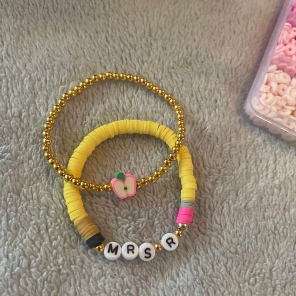 Beaded teacher bracelet,gift for teacher,teacher bracelet,heishi bracelet,personalized teacher gift, set of two