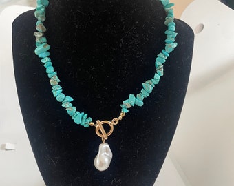 Turquoise stone necklace with faux pearl, turquoise statement necklace