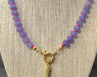Blue Chalcedony Necklace with Gold Fish Charm – Beach Jewelry