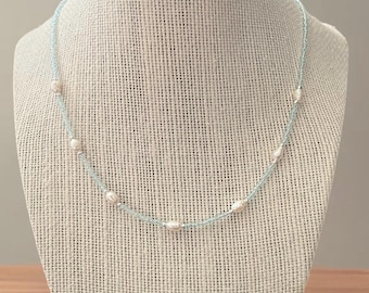 Baby Blue Seed Bead Necklace With Freshwater Pearls