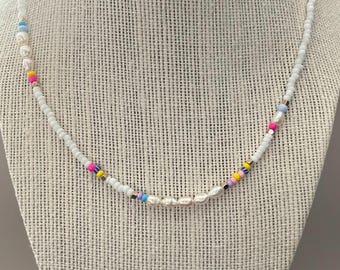 Freshwater Pearl Necklace: Colorful Seed Beads, Handmade Dainty White Choker