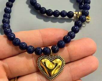 Lapis Lazuli Necklace With Gold Heart Charm