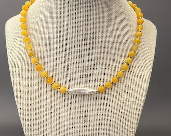 Yellow Jade Necklace With Baroque Pearl- Yellow Stone Necklace