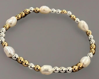Beaded Mixed Metal Bracelet With Freshwater Pearls