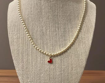 Glass Pearl Necklace with 14k Gold Plated Red Heart Charm – Handmade Dainty Jewelry