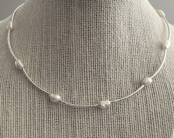 Dainty Sterling Silver Freshwater Pearls Choker Necklace, Bridal Jewelry